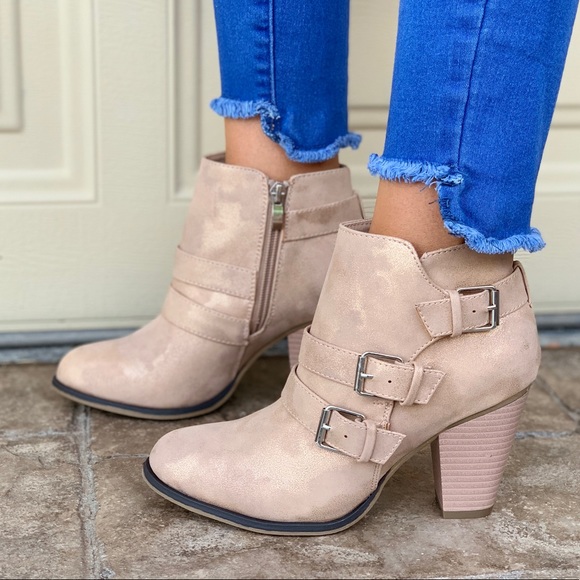 Taupe Distressed Buckled Block Heel Ankle Booties - Picture 2 of 4